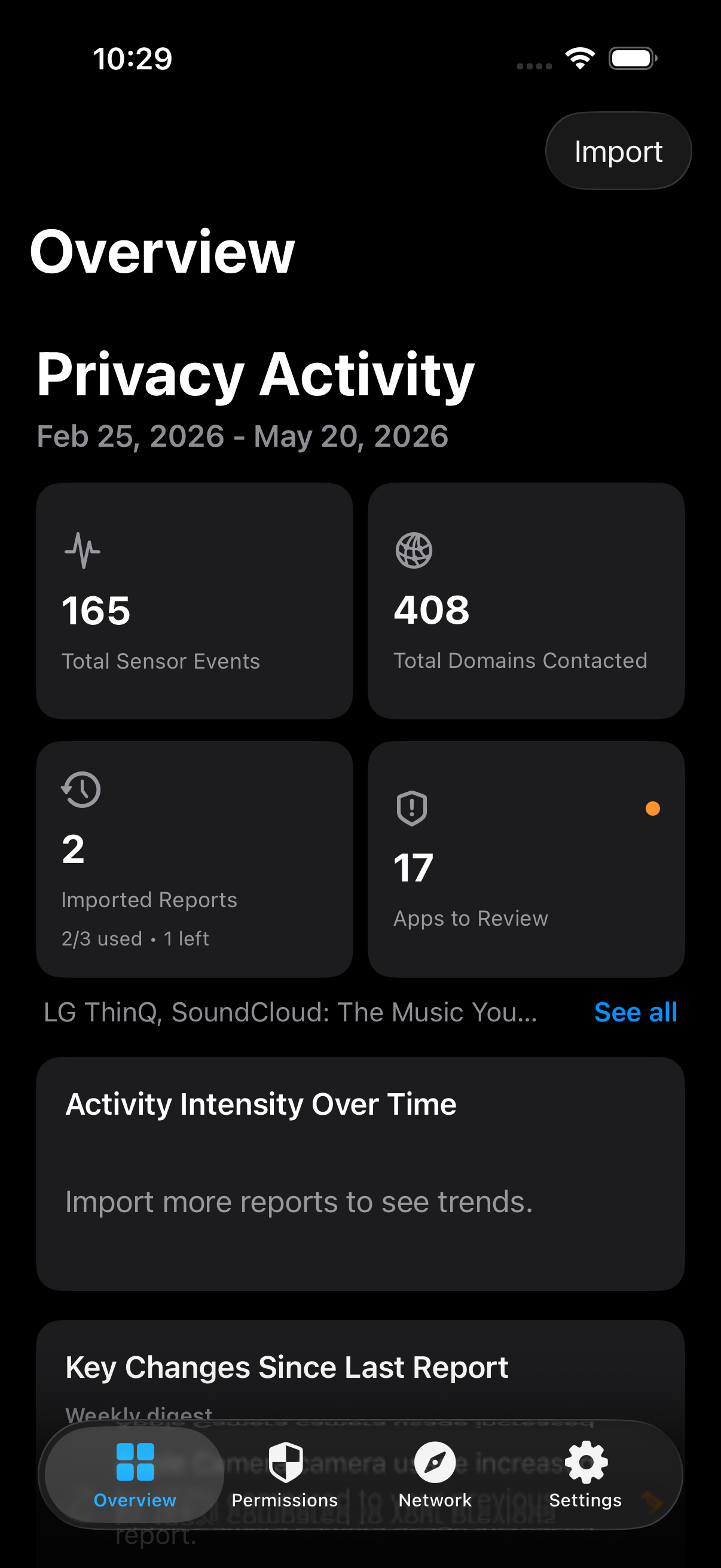 Overview dashboard in App Privacy Report Analyzer