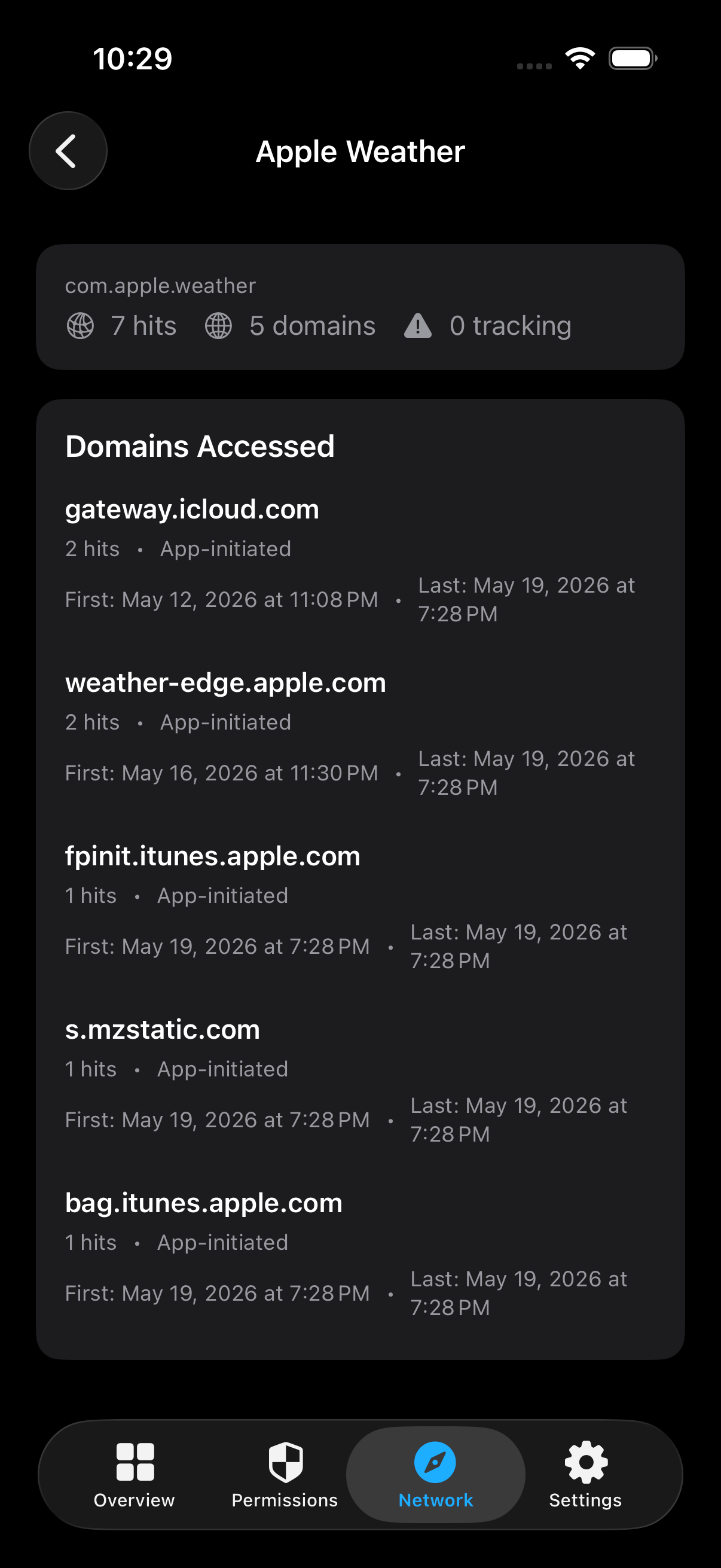 Network domain detail screen in App Privacy Report Analyzer