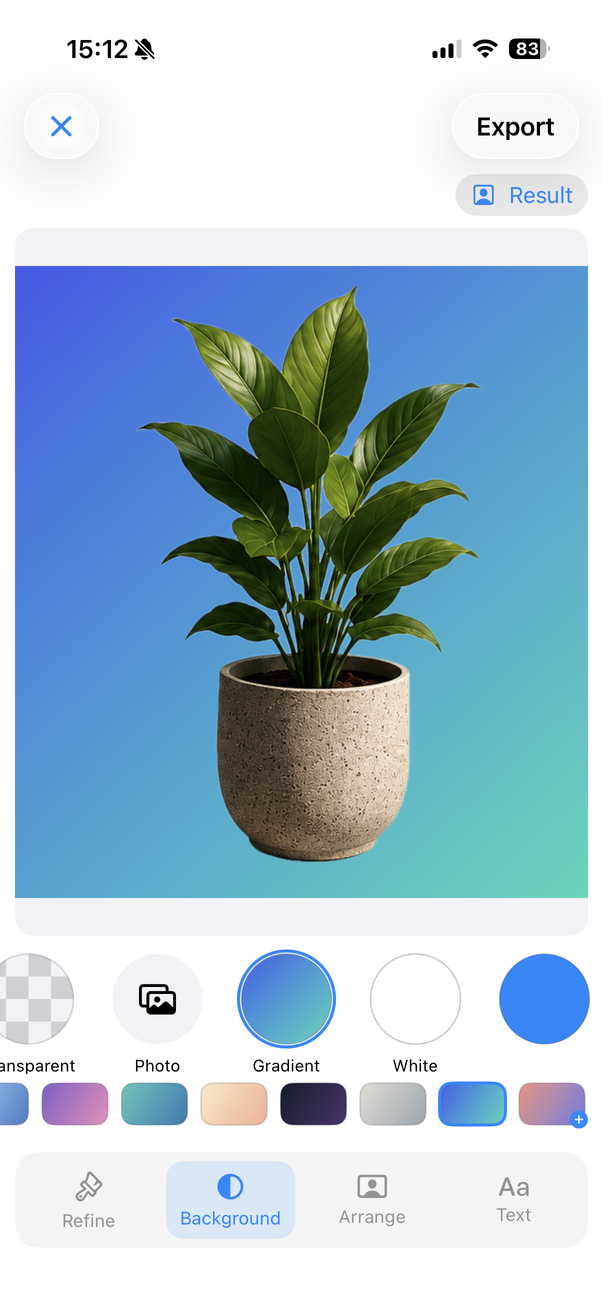 Plant cutout on a blue-green gradient with Transparent, Photo, Gradient and White background choices
