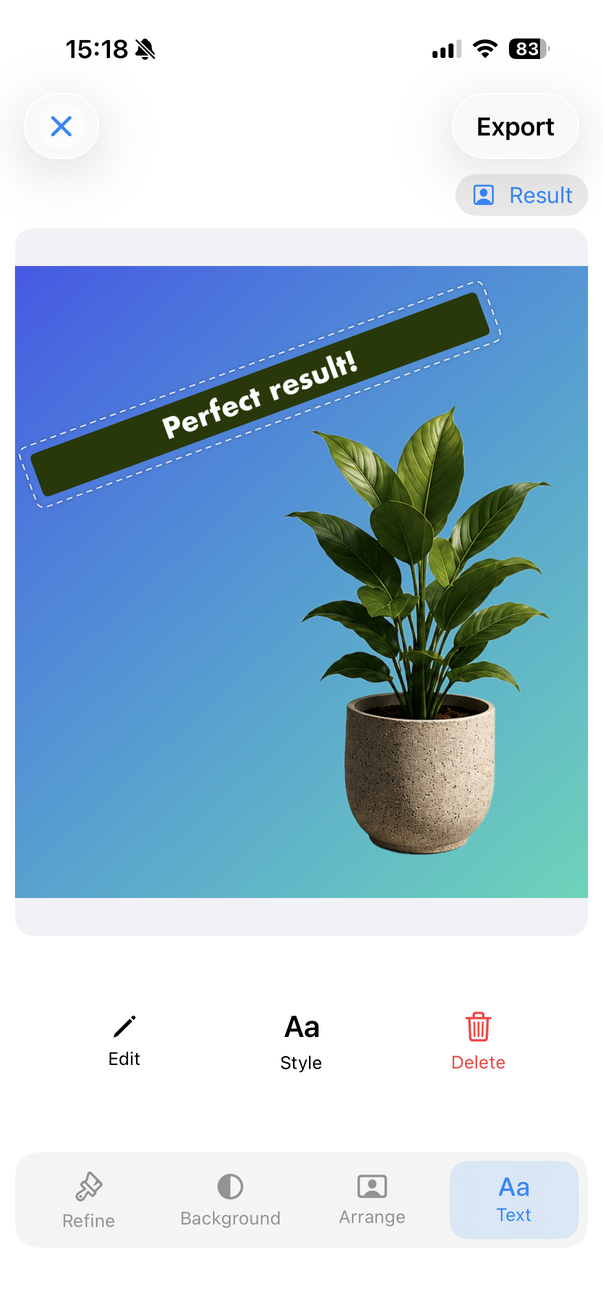 Selected text above a plant cutout with Edit, Style and Delete controls visible
