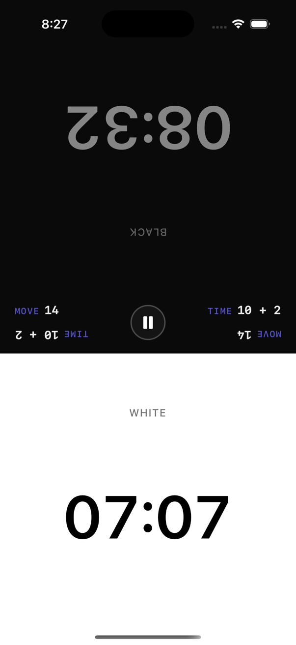 Two-player clock showing Black at 08:32 and White at 07:07 in a 10+2 game