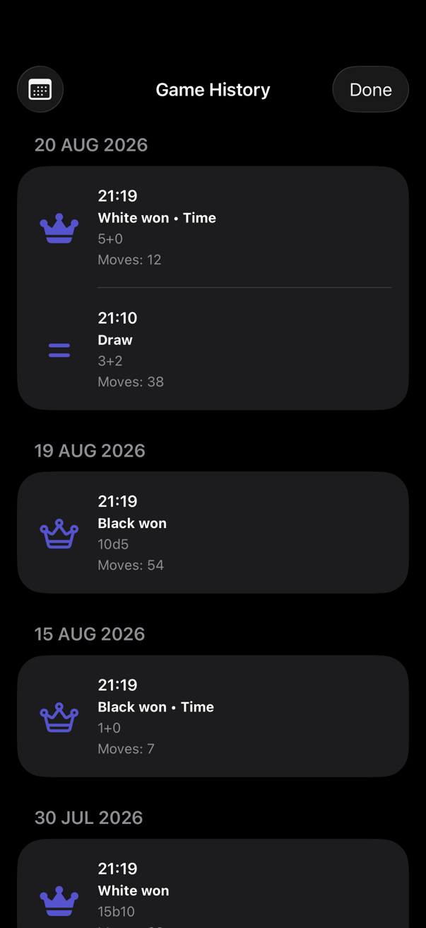Game History screen listing results, move counts, dates and time controls