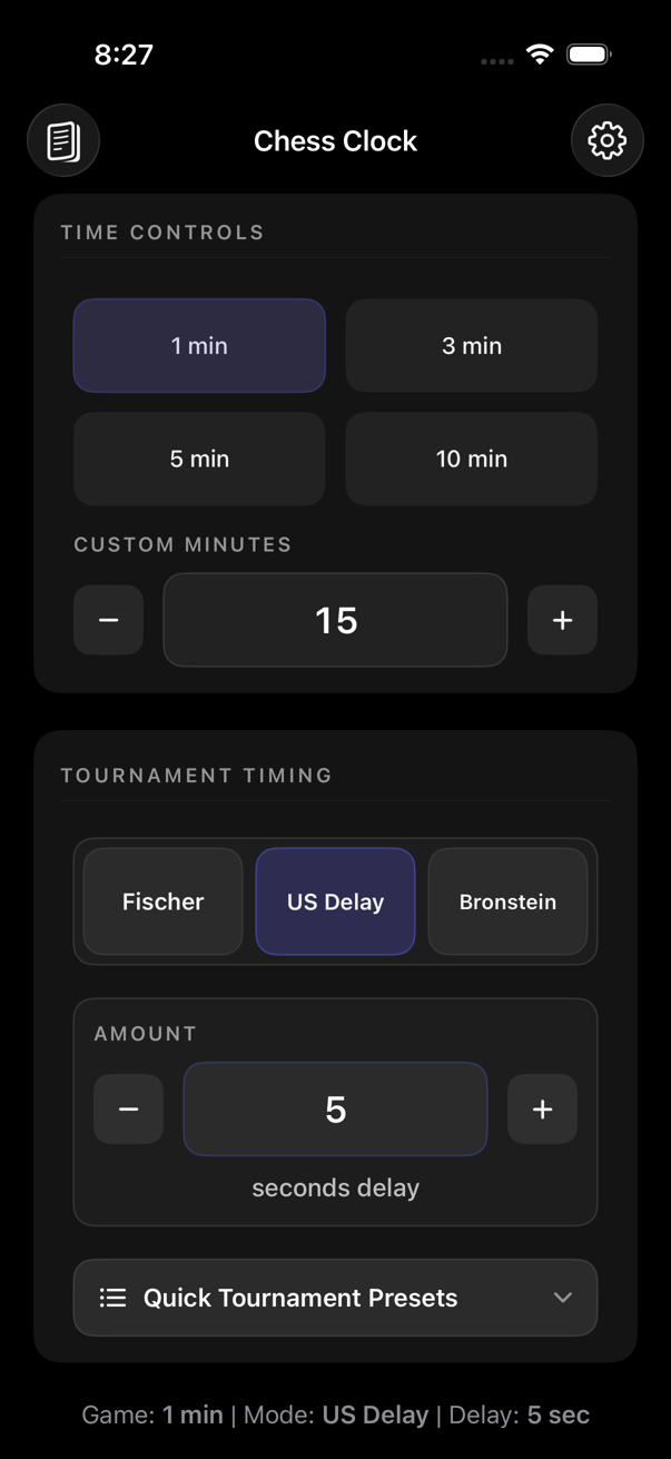 Setup screen with 1, 3, 5 and 10 minute presets and Fischer, US Delay and Bronstein choices