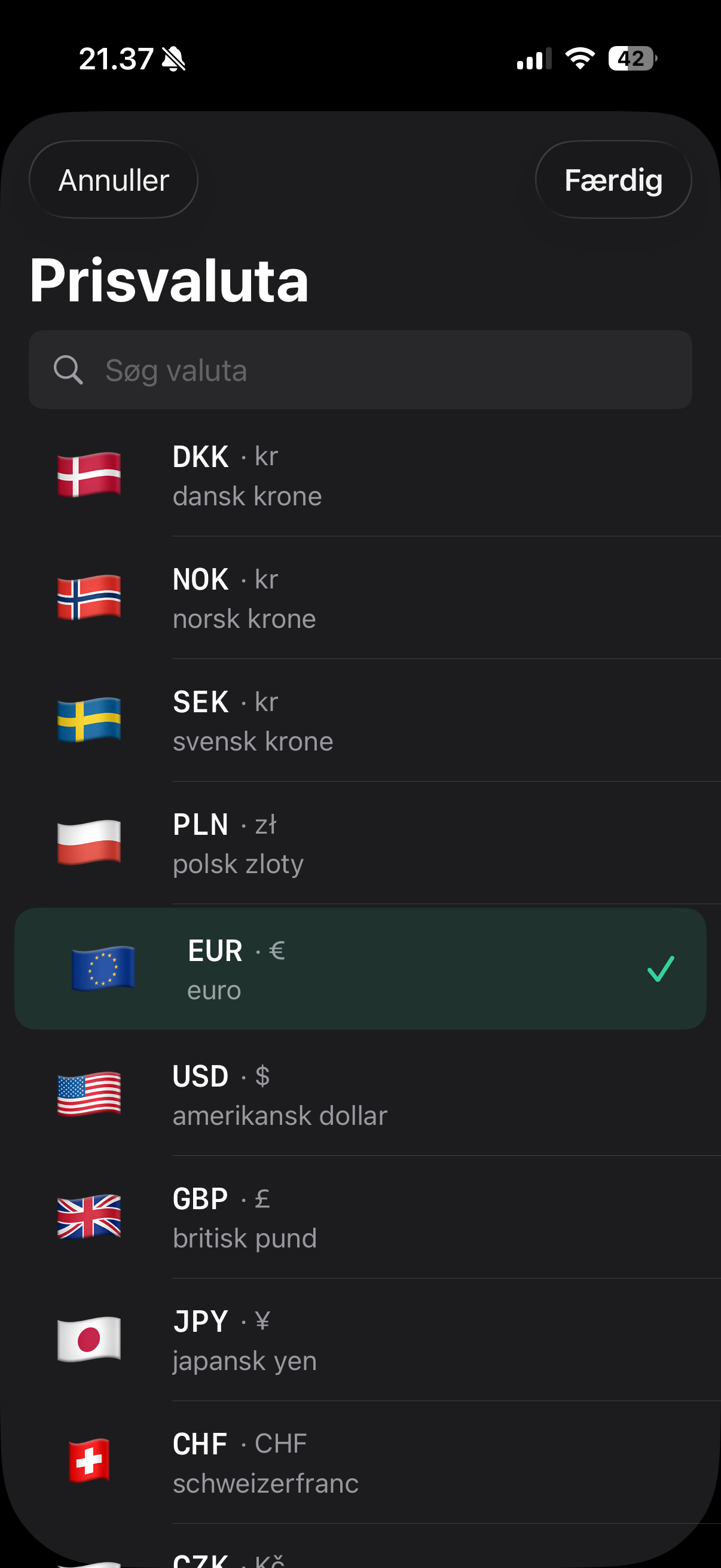 Valutavalg i Currency Converter Lens med euro valgt som prisens valuta