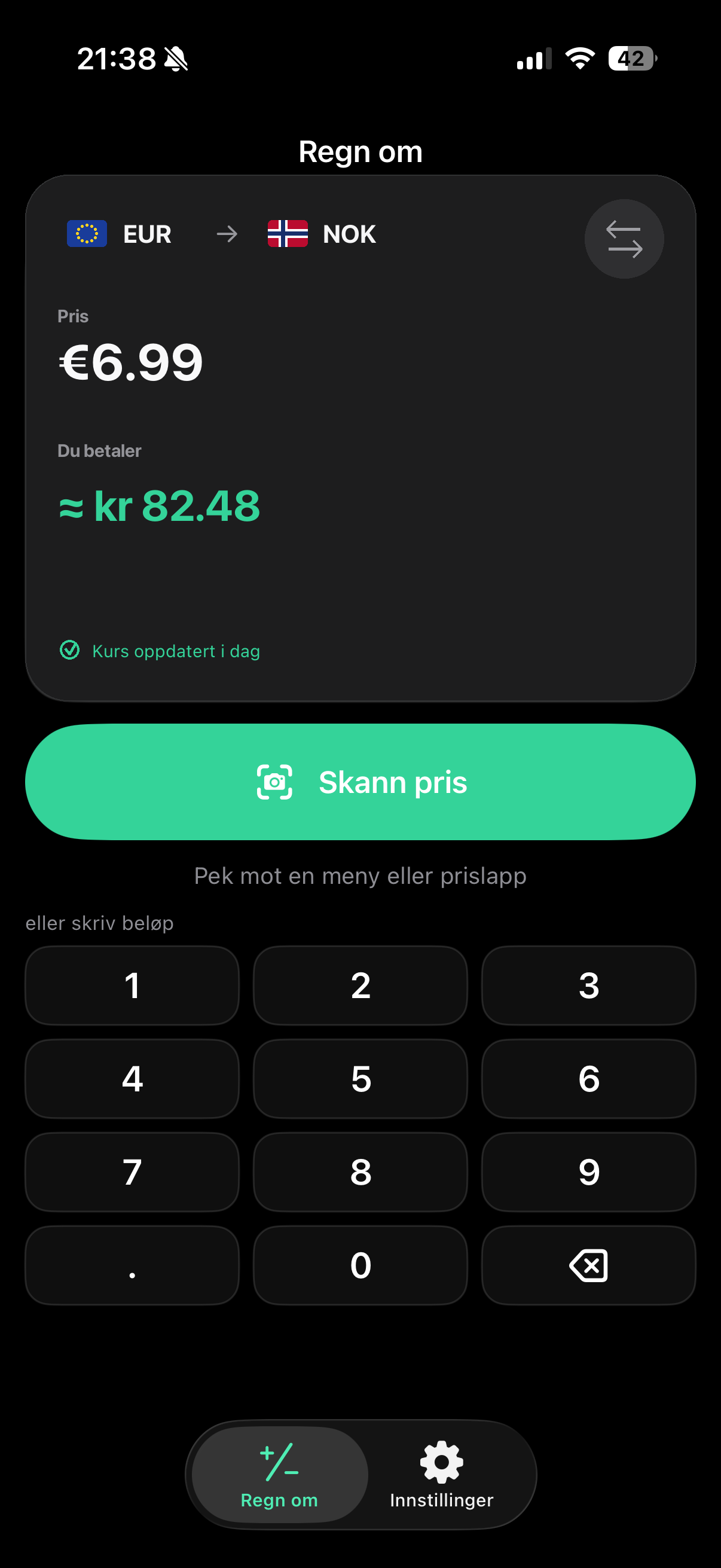 Omregningsresultat i Currency Converter Lens med datoen for den lagrede valutakursen