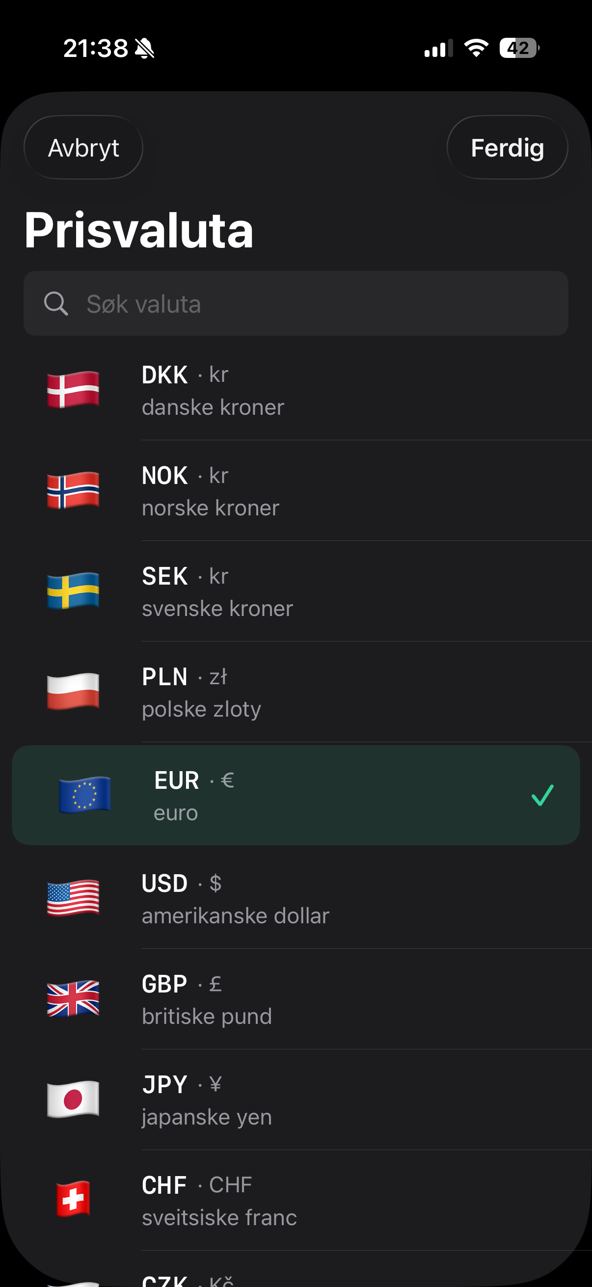 Valutavalg i Currency Converter Lens med euro valgt som prisvaluta