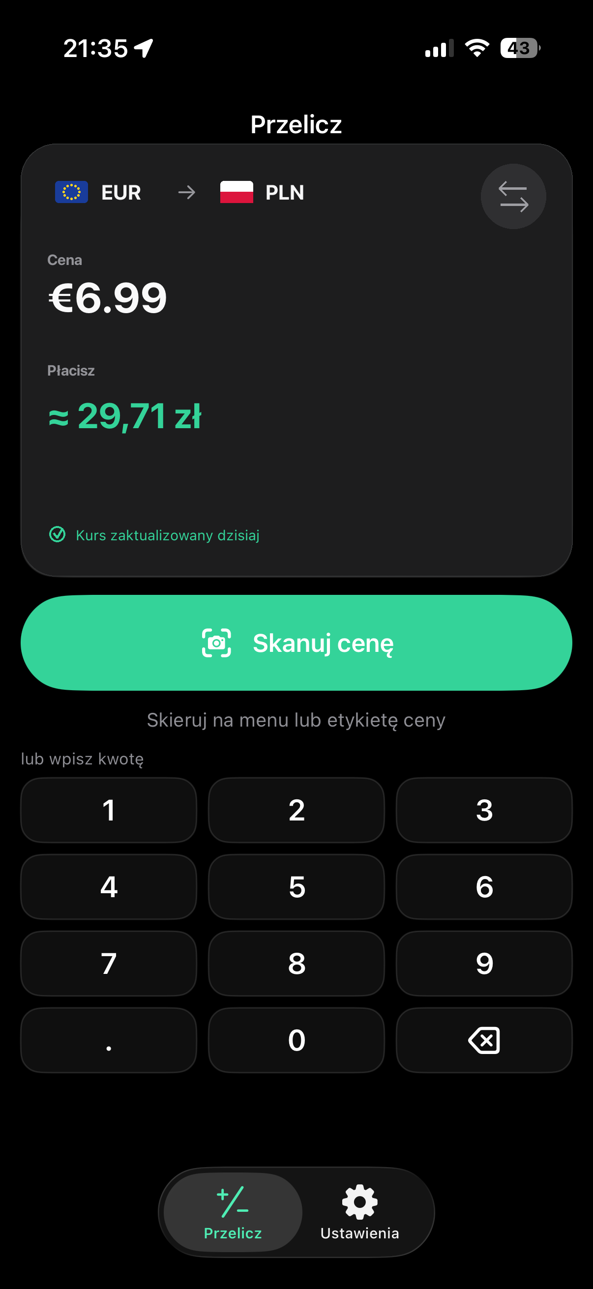 Wynik przeliczenia w Currency Converter Lens z widoczną datą zapisanego kursu walutowego