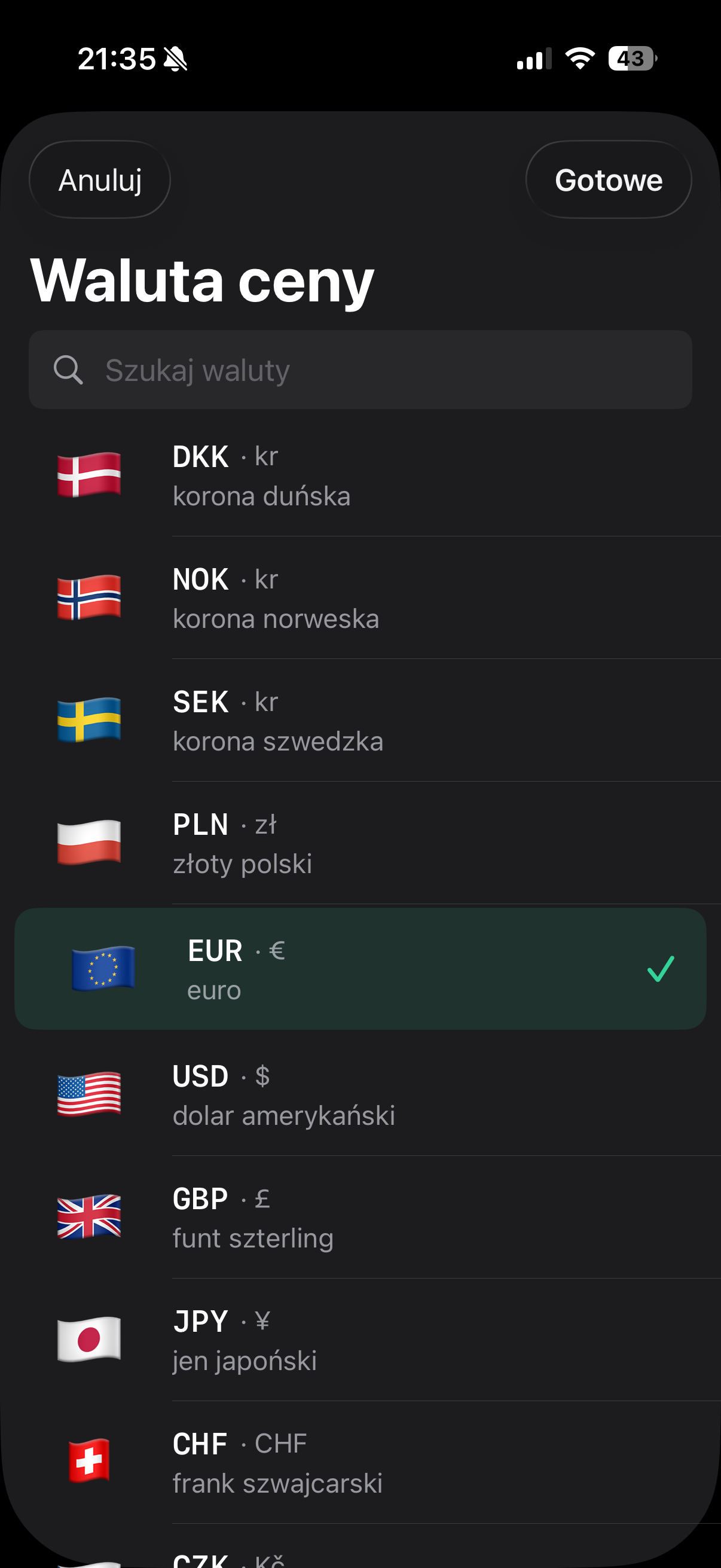 Wybór waluty w Currency Converter Lens z euro ustawionym jako waluta ceny