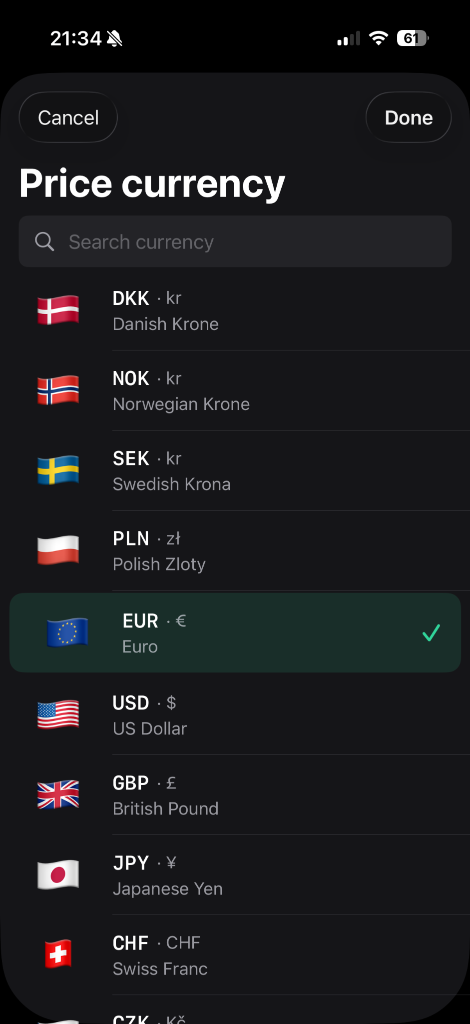 Currency selection in Currency Converter Lens with euro selected as the price currency