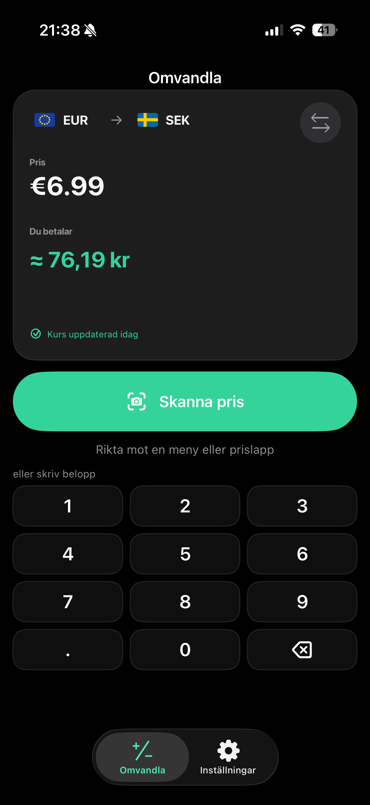 Omvandlingsresultat i Currency Converter Lens med datumet för den sparade valutakursen