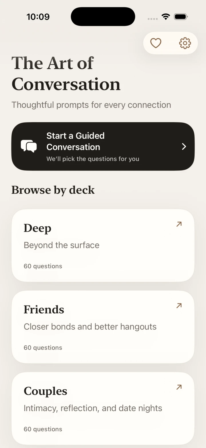 Deep Conversation Starters deck selection screen showing Deep, Friends and Couples, plus Guided Conversation.