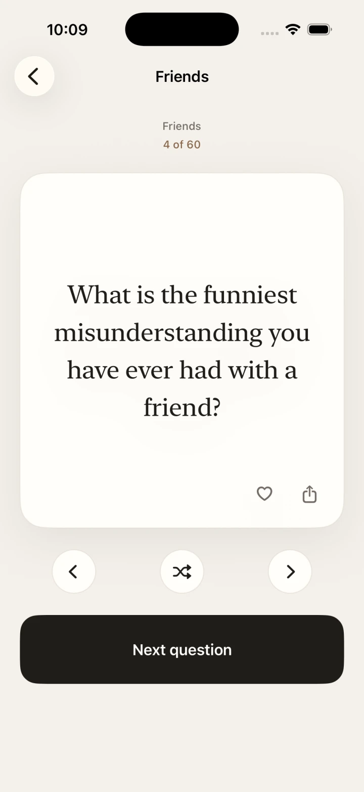 Deep Conversation Starters showing a Friends deck question about a funny misunderstanding with a friend.