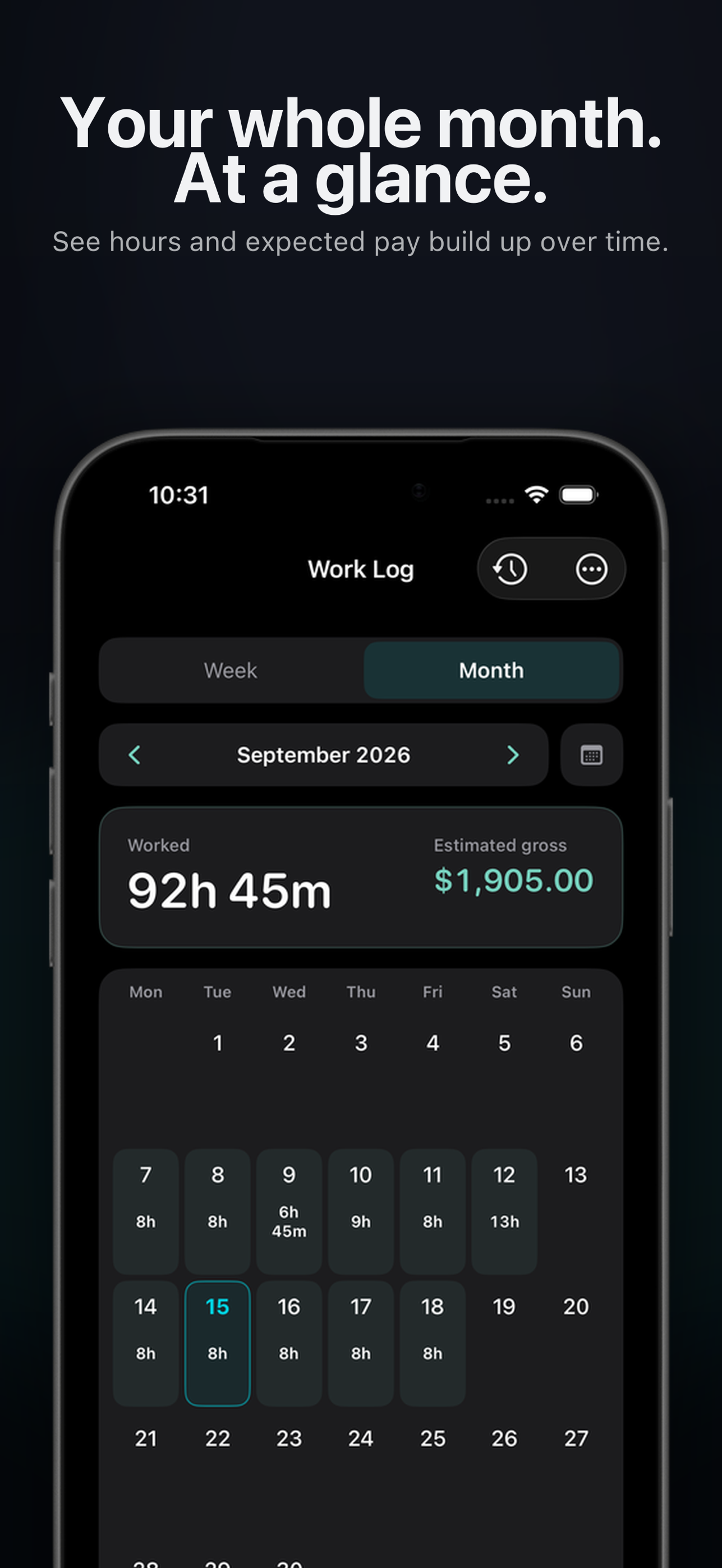 Houro month view showing hours and expected pay across a calendar