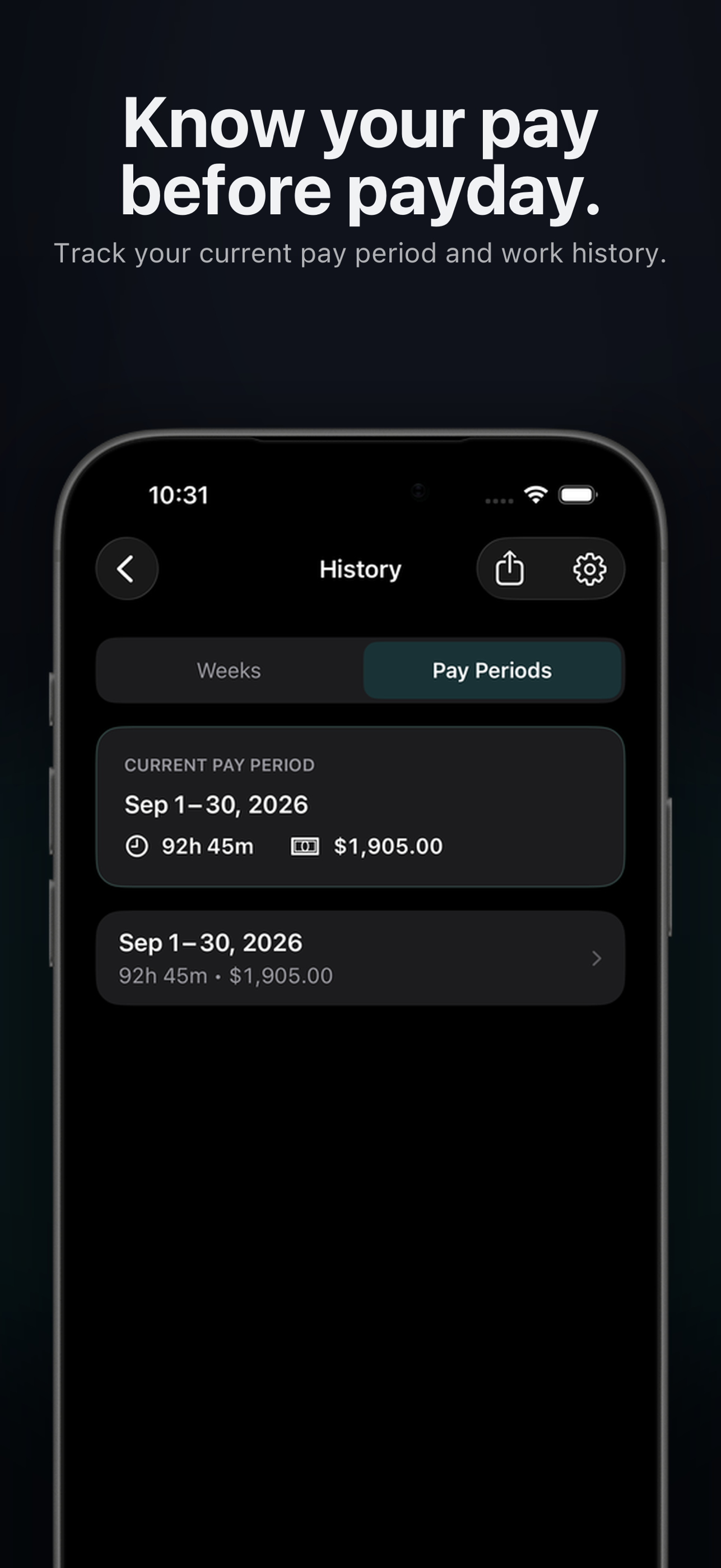 Houro pay period history showing total hours and estimated gross pay