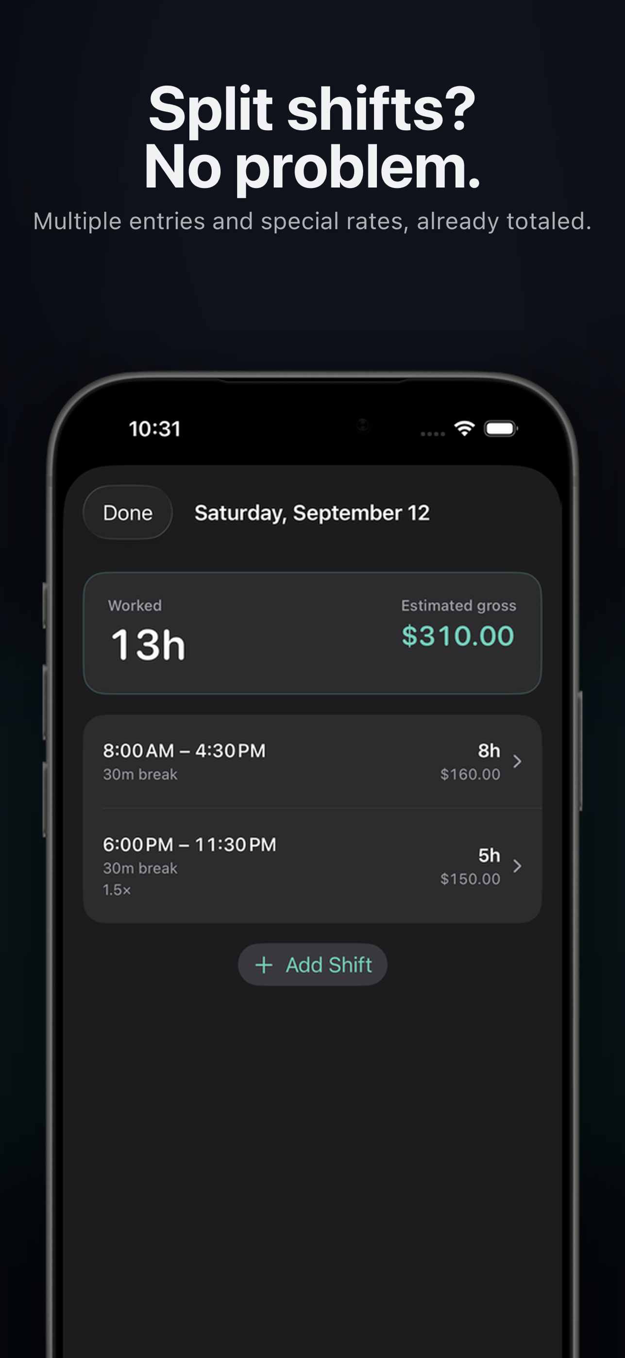 Houro showing two work entries with separate breaks and pay rates on one day